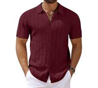 Coofandy Men's Knit Short Sleeve Shirts Button Down Vintage Knitted Polo Shirt Casual Beach Crochet Cable Vacation Shirt, Claret, Large