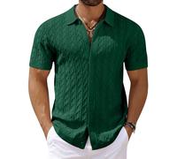 COOFANDY Men's Knit Short Sleeve Shirts Button Down Vintage Knitted Polo Shirt Casual Beach Crochet Cable Vacation Shirt, Green, XXL