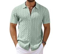 Coofandy Men's Knit Short Sleeve Shirts Button Down Vintage Knitted Polo Shirt Casual Beach Crochet Cable Vacation Shirt, Ice Green, Medium