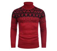 COOFANDY Men's Knitted Jumper Norwegian Pattern Winter Jumper Ugly Christmas Turtleneck Jumper Warm Christmas Jumper, Red-black geometric pattern, M