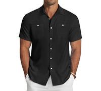 COOFANDY Men's Linen Cotton Short Sleeve Shirts Casual Lightweight Button Down Vacation Beach Summer Tops with Pocket Black XXL