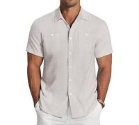 COOFANDY Mens Linen Shirts Beach Spread Collar Summer Casual Short Sleeve Shirts Vacation Holiday with Pocket White XXL