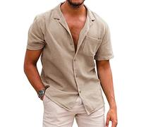 COOFANDY Men's Linen Shirts Short Sleeve Summer Holiday Shirt for Men Button Down Beach Shirts Tops Khaki M