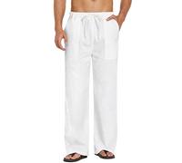 COOFANDY Mens Linen Trousers Summer Pants Elasticated Waist Trousers for Men Casual Linen Pants Loose Fit White L