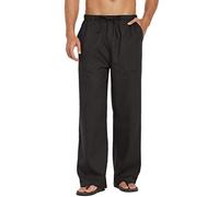 COOFANDY Mens Linen Trousers Summer Pants Elasticated Waist Trousers Regular Fit Casual Pants Black XL