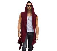COOFANDY Men's Long Hooded Cardigan Sleeveless Ruffle Shawl Collar Lightweight Open Front Drape Kimono Vest, Dark Red, XX-L
