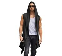 COOFANDY Men's Long Hooded Cardigan Sleeveless Ruffle Shawl Collar Lightweight Open Front Drape Kimono Vest, Black, S