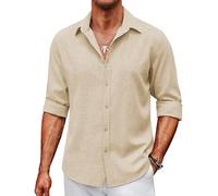 COOFANDY Men's Long Sleeve Button Down Linen Shirt Casual Untucked Chambray Shirt Wrinkle Free Adult Wedding Shirts, Shortbread, 3XL