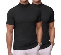 COOFANDY Mens Mock Turtle Neck T Shirt 2 Pack Short Sleeve Knitted Hi Neck Tops Slim Fit Casual Tee Black(2 pcs) XL