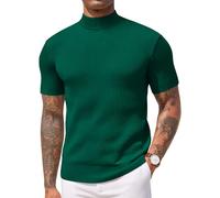COOFANDY Men's Mock Turtleneck Sweater Short Sleeve Casual Basic T-Shirts Ribbed Knit Pullover Solid Tee, Dark Green, Large