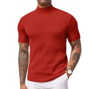 COOFANDY Men's Mock Turtleneck Sweater Short Sleeve Casual Basic Tops Ribbed Knit Pullover Solid Tee, Red, Large
