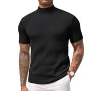 Coofandy Men's Mock Turtleneck Sweater Short Sleeve Casual Basic Tops Ribbed Knit Pullover Solid Tee, All Black, 3XL