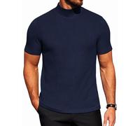COOFANDY Mens Mock Turtleneck Sweater Short Sleeve Turtle Neck T Shirt Casual Ribbed Knited Pullover Tops Solid Basic Tee, Navy Blue, Large
