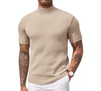 COOFANDY Men's Mock Turtleneck T Shirt Short Sleeve Stand Collar Top Ribbed Knitted Pullover Stretchy Solid Tee Beige XL