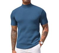 COOFANDY Men's Mock Turtleneck T Shirt Short Sleeve Stand Collar Top Ribbed Knitted Pullover Stretchy Solid Tee Blue L