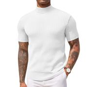 COOFANDY Men's Mock Turtleneck T Shirt Short Sleeve Stand Collar Top Ribbed Knitted Pullover Stretchy Solid Tee White L