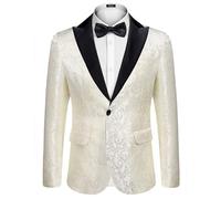 COOFANDY Men's Paisley Tuxedo Jacket One Button Dress Suit Jacket Floral Blazer for Dinner Party Prom Wedding, 6 - White, L
