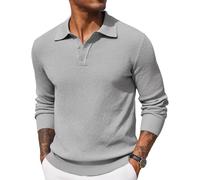 COOFANDY Mens Polo Jumper Long Sleeved Poloshirts Fine Knit Sweater Winter Sweatshirts Light Gray M