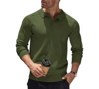 COOFANDY Mens Polo Jumper Sweatshirt Fine Knit Pullover Long Sleeved Polo Tops Casual Smart Regular Fit Winter Jumper Thermal Basic Solid Color Army Green XL