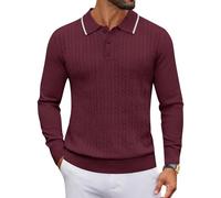 COOFANDY Men's Polo Sweater Casual Long Sleeve Knit Polos Button Down Collared Golf Pullover Sweaters, Wine Red, 3X-Large