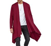 COOFANDY Men's Ruffle Shawl Collar Cardigan Long Sleeve Open Front Lightweight Long Length Drape Cape Overcoat with Pockets, Red-Long, Medium