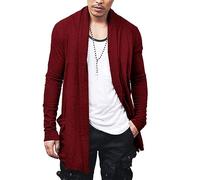 COOFANDY Men's Ruffle Shawl Collar Cardigan Open Front Lightweight Long Length Drape Cape Overcoat with Pockets, Wine Red, Small
