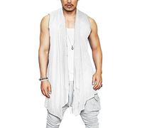 COOFANDY Men's Ruffle Shawl Collar Cardigan Sleeveless Open Front Vest Lightweight Long Length Drape Cape, White, L