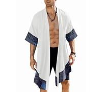 COOFANDY Men's Ruffle Shawl Collar Lightweight Cardigan Long Kimono Jackets Open Front Drape Cape Coat, White, L