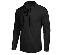 COOFANDY Mens Scottish Jacobite Ghillie Kilt Shirts Medieval Renaissance Pirate Costume Long Sleeve Lace Up Henley Shirt, Black, Medium
