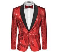 COOFANDY Mens Shiny Sequin Blazer Tuxedo Party Dinner Prom One Button Suit Jacket, Red, XXL