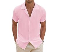 COOFANDY Men's Shirt Short Sleeve Summer Button Down Cuban Guayabera Shirts Hawaiian Wave Stripe Casual Shirt Tops Midnight Pink M