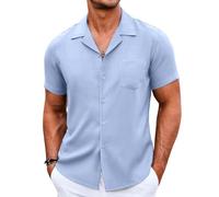 COOFANDY Mens Shirts Summer Shirts Short Sleeve Casual Holiday Shirt Cuban Shirt Beach Light Blue S