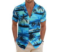 COOFANDY Men's Short Sleeve Shirt Guayabera Hawaiian Summer Shirt Wave Stripe Textured Shirts Beach Casual Tops Coconut Palm Blue S
