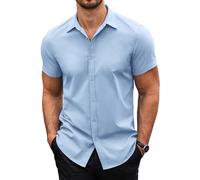 COOFANDY Mens Short Sleeve Shirts Summer Dress Shirt Non Iron Formal Shirts Regular Fit Casual Shirts Button Up Office Shirts Muscle Fit Shirts Clear Blue 4XL