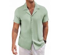 COOFANDY Men's Short Sleeve Summer Casual Shirt Kuban Collar Shark Shirt Men Short Sleeve Shirt Striped Guayabera Shirt, Ice Green, XL
