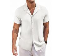 COOFANDY Men's Short Sleeve Summer Shirt Cuban Collar Men's Hawaiian Shirts Casual Shirt Textured Shirt Short in Size, White, XL