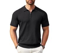 COOFANDY Mens Slim Fit Muscle Polo Shirt Short Sleeve Slim Fit Solid Golf T-Shirts Ribbed Knit Soft Tees, Black, Large