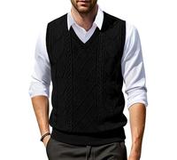 COOFANDY Men's Slim Fit V-Neck Sweater Vest Pullover Sleeveless Sweaters Cable Knitted with Ribbing Edge - Black - Medium