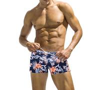COOFANDY Men's Square Leg Swim Briefs Tight Swim Trunks Athletic Bathing Suit Color Block Swimwear with Zip Pockets, Z Navy Blue Flowers, XXL