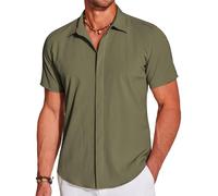 COOFANDY Men's Summer Beach Shirt Casual Short Sleeve Button Down Lightweight Textured Wrinkle Free Stretch Shirts ArmyGreen M