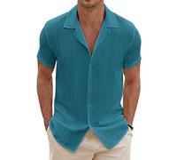COOFANDY Men's Summer Hawaiian Shirt, Cuba Collar, Short Sleeve, Striped, Turquoise, S