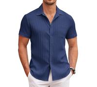 COOFANDY Mens Summer Shirt Short Sleeve Casual Textured Shirts Beach Regular Fit Solid Color Top with Pocket Navy Blue 3XL
