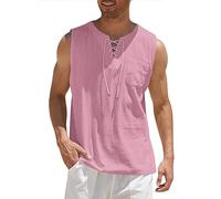 COOFANDY Men's Tank Top Casual Shirts Sleeveless Lace Up Beach Hippie Tops Renaissance Pirate Tunic Pink XL