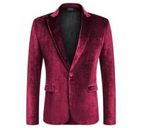 COOFANDY Men's Velvet Blazer Notched Lapel Velour Suit Jacket One Button Tuxedo Jackets for Wedding Prom Party Dinner, Dark Red, XL