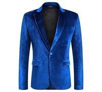 COOFANDY Men's Velvet Blazer Notched Lapel Velour Suit Jacket One Button Tuxedo Jackets for Wedding Prom Party Dinner, Blue, XL