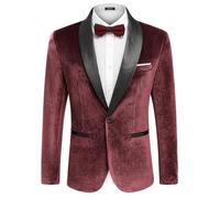 Coofandy Men's Velvet Suit Blazer Jacket Slim Fit Shawl Lapel One Button Dinner Prom Wedding Tuxedo, Wine Red, 3XL