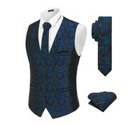 COOFANDY Men's Vest Tie Set 3PC Paisley Floral Jacquard Waistcoat and Necktie Pocket Square Vests for Suit Tuxedo Wedding, Blue Paisley, Large
