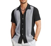 COOFANDY Men's Vintage Bowling Shirt Short Sleeve Button Down Summer Cuba Beach Shirts, Black Dark Gray, Large