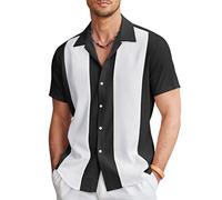 COOFANDY Men's Vintage Bowling Shirt Short Sleeve Button Down Summer Cuba Beach Shirts, Black White, Large