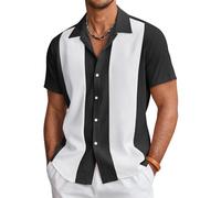 Coofandy Men's Vintage Bowling Shirt Short Sleeve Button Down Summer Cuba Beach Shirts, Black White, XL